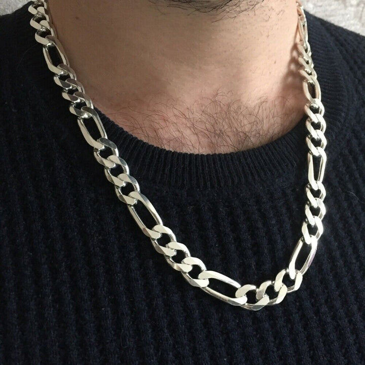 8mm Mens Figaro Chain Link Necklace 925 Sterling Silver 57GR 22 Inch