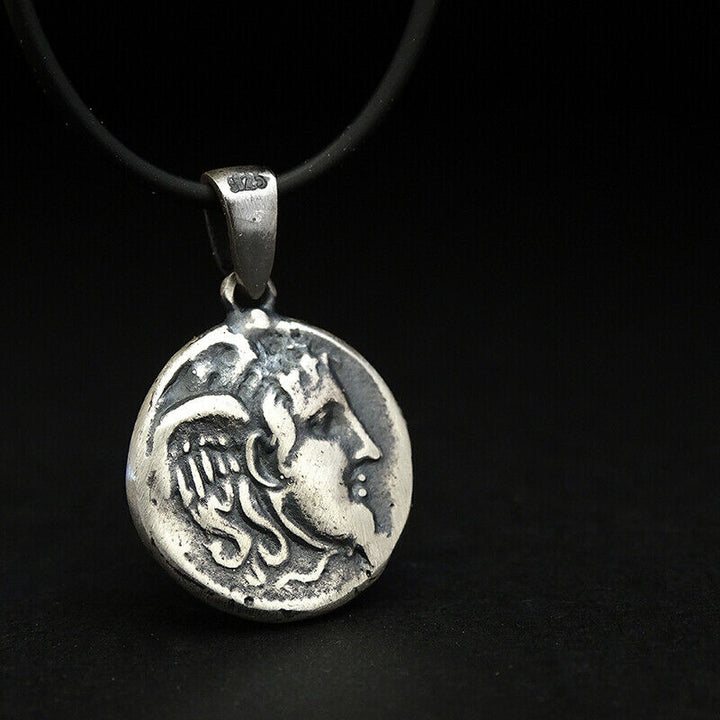 Old Coin Pendant SOLID Sterling Silver Choker Charm Unisex Greek Necklace