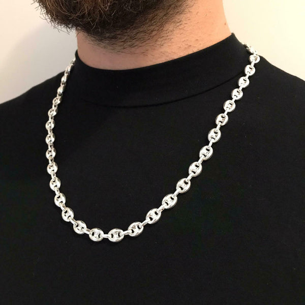 Mens Mariner Hollow Puffed Link Chain Necklace 925 Silver Sterling 8mm 37GR 26 inch