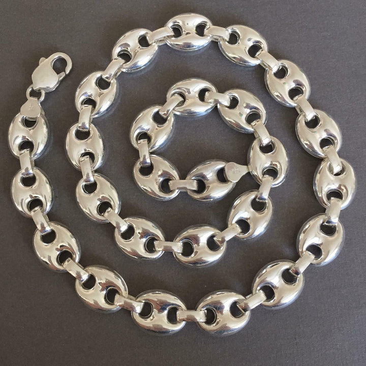 Mens Mariner Puffed Link Chain Necklaces 14mm 42GR 925 Silver Sterling 18 inch