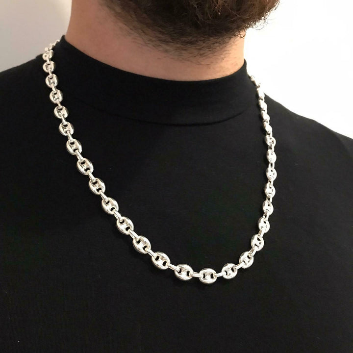 Mens Mariner Hollow Puffed Link Chain Necklace 925 Silver Sterling 8mm 37GR 26 inch