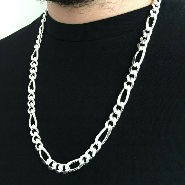 Mens Figaro Link Chain Necklace 11mm 133 grams 28 inch 925 Sterling Silver 