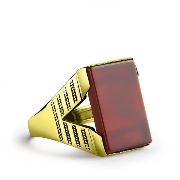 Modern Style Men Ring Real 10K Solid Yellow GOLD Natural Flat Red Agate Gemstone