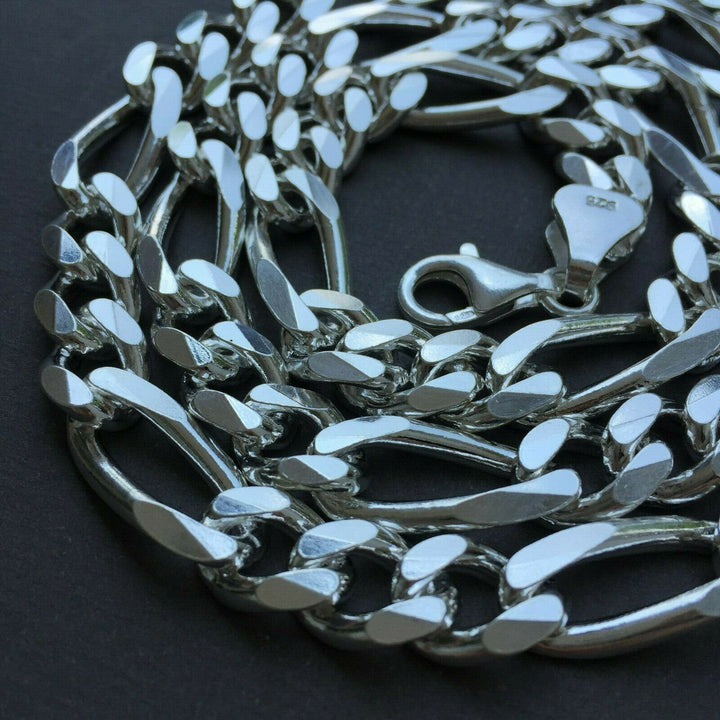 Mens Figaro Link Chain Necklace 11mm 133 grams 28 inch 925 Sterling Silver 