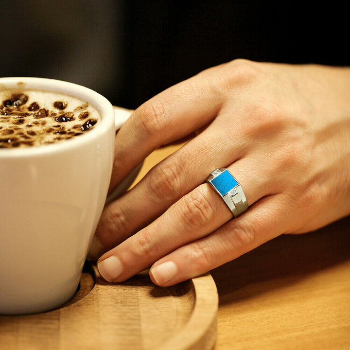 New Men's Solid 10K White Gold Turquoise Ring 0.08ct Natural Diamond Ring for Man