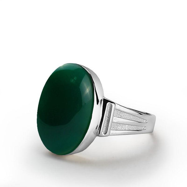 Handmade Ring for Men in Fine 10k White Gold with Genuine Green Agate Gemstone