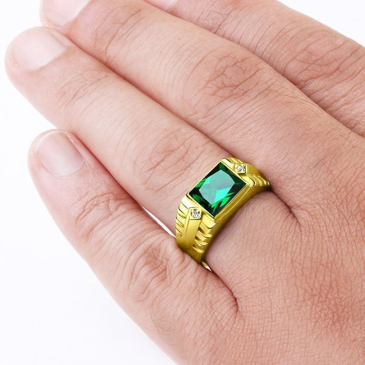 Green EMERALD with DIAMOND Accents in 18K Fine Yellow Gold Mens