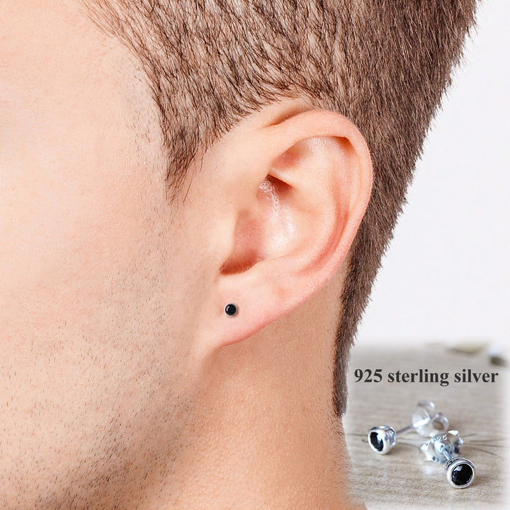 New Mens Stud Earrings Solid 925k Sterling Silver with Black CZ