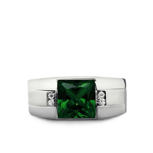 14K White Gold Emerald Men's Ring 0.08ct Natural Diamonds Ring for Man 
