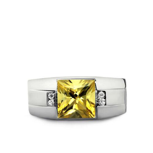New Solid 14K White Gold Citrine Mens Ring 0.08ct Natural Diamonds Ring for Men