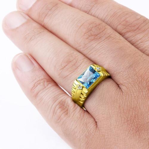 18K Solid Yellow Fine Gold Men's Ring with Blue Topaz and DIAMOND Accents