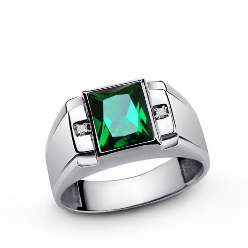 Men's Emerald Gemstone Ring With Diamond Accents in 10K Solid White Gold Ring