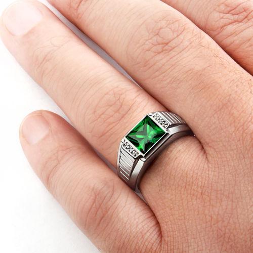 18K SOLID White GOLD with Diamonds and Green Emerald Gemstone Men's Statement Ring