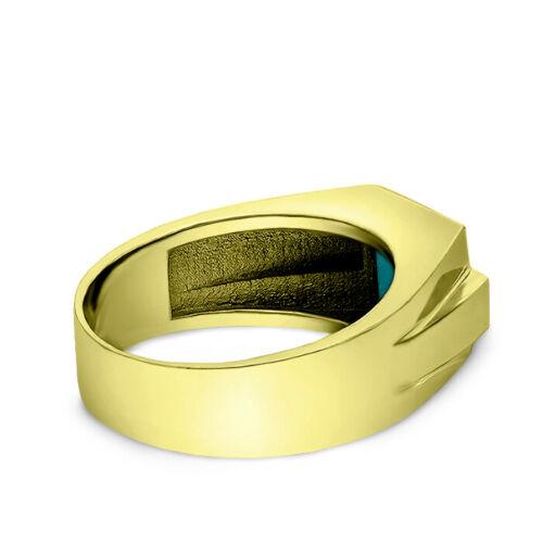 925 Solid Silver Mens 18K Gold Plated Real Turquoise Ring With 4 Diamond Accents