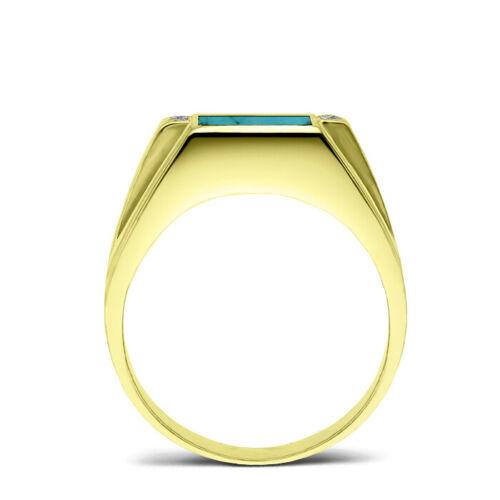 Fine 14K Yellow Gold Turquoise Mens Heavy Ring 0.08ct Natural 4 Diamonds
