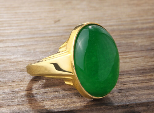 Jade Men's Ring in Solid 14K Fine GOLD with Natural Green Gemstone