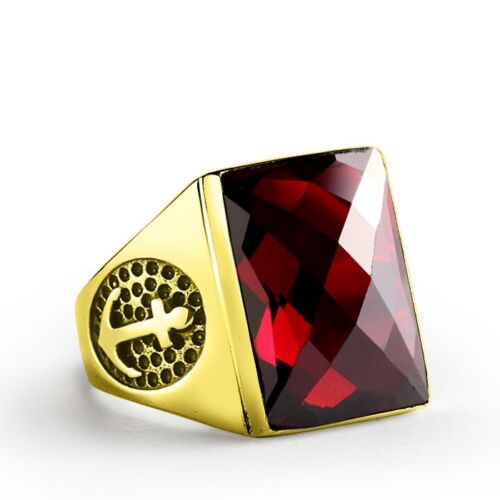Men's Ring in Solid 14k Gold with Large Red Garnet Gemstone