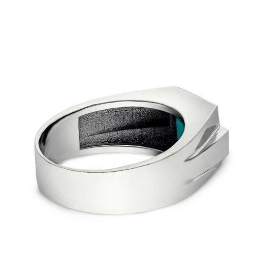 New Men's Solid 10K White Gold Turquoise Ring 0.08ct Natural Diamond Ring for Man