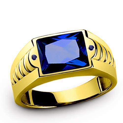 Yellow GOLD Ring for Men 14K Solid with Royal Blue Sapphire Gemstone