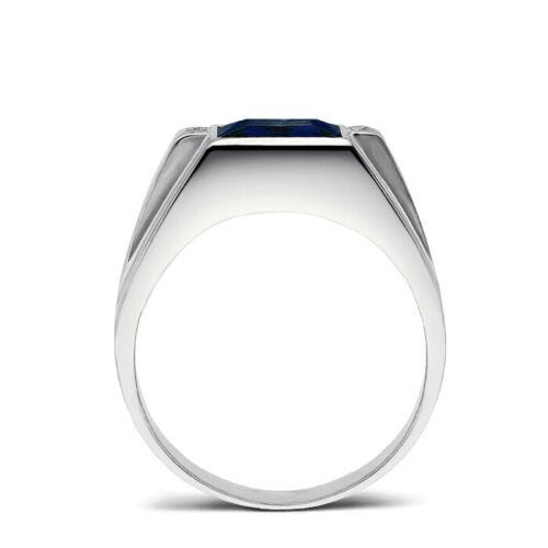 18K Stamped Solid White Gold Ring for Men 4 Natural Diamonds and Blue Sapphire
