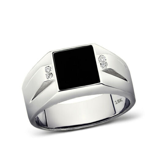Solid 18K White Gold Mens Natural Black Onyx and 4 Real Diamond Ring