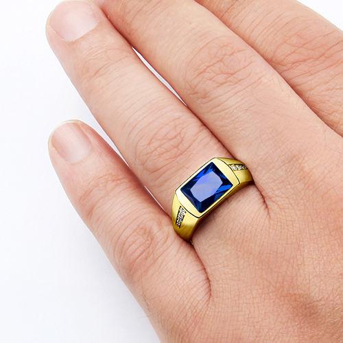 MEN'S RING Blue Sapphire and 8 Diamond Accents in Real 14K Yellow Solid Fine Gold