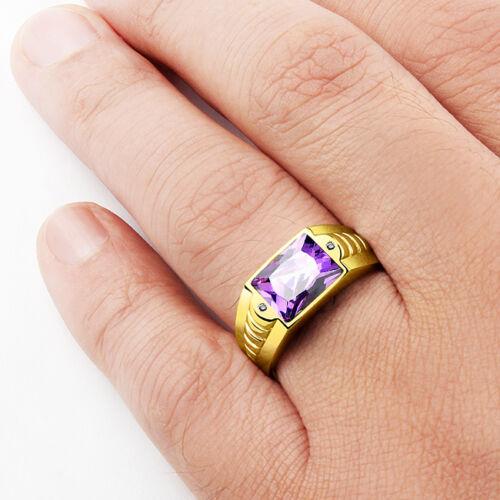 NEW 14K Solid YELLOW GOLD Mens Ring with Amethyst Gemstone and DIAMOND Accents