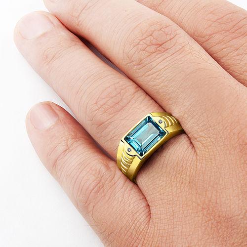 Men's Ring REAL Solid 10K YELLOW GOLD with Blue Topaz and GENUINE DIAMONDS
