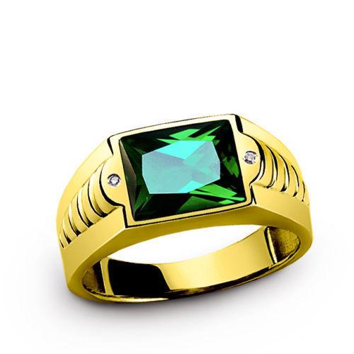 Men's Solid 18k Yellow Gold Green Emerald Gemstone Ring with 2 Diamond Accents
