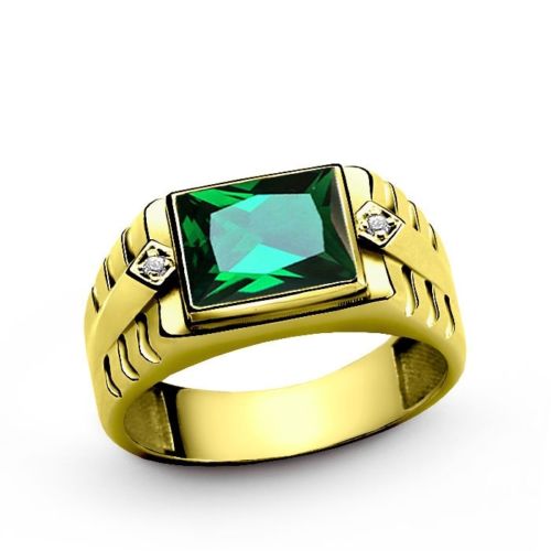 Green EMERALD with DIAMOND Accents in 18K Fine Yellow Gold Mens