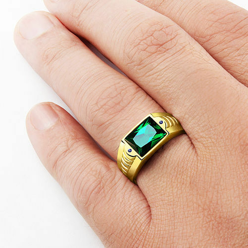 Mens Emerald Ring Solid 14k Fine Gold Blue Sapphire Accents Ring