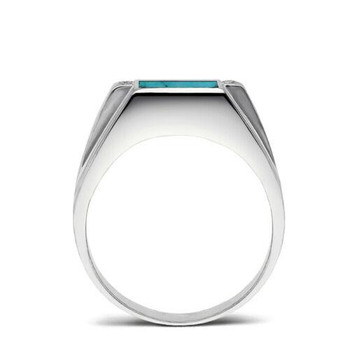 New Mens Solid 14K White Gold Turquoise Ring 0.08ct Natural Diamond