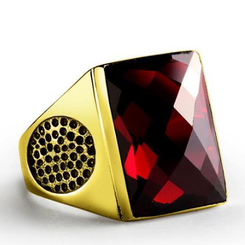 SOLID 14K Yellow Fine GOLD with Red Garnet Gemstone Fine Statement Ring for Men
