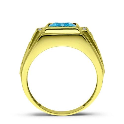18K Gold Plated 925 Solid Silver Blue Topaz 4 Diamond Accents Artistic Mens Ring