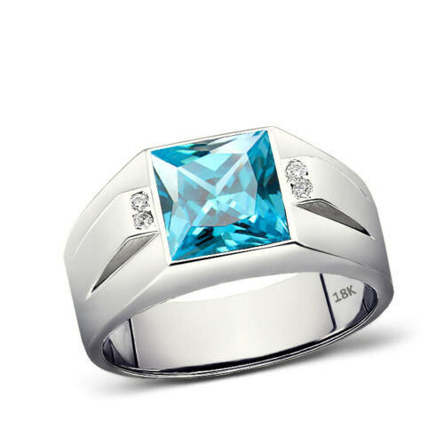 Real 18K White Gold Mens Ring Blue Aquamarine and 4 Diamond Accents Ring