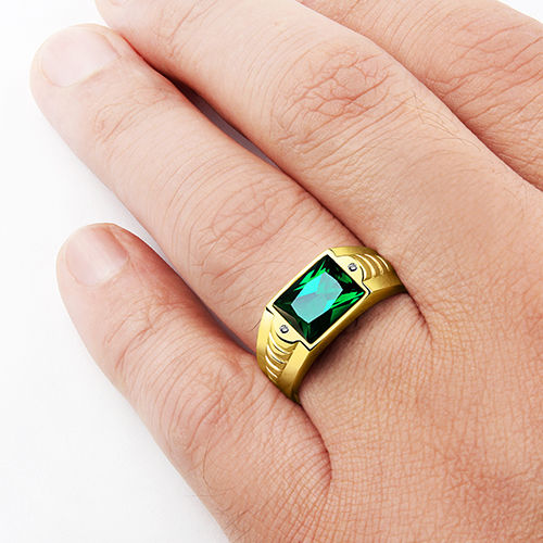 Green EMERALD Mens Ring in SOLID 14K GOLD Gemstone Ring with Diamond Accents