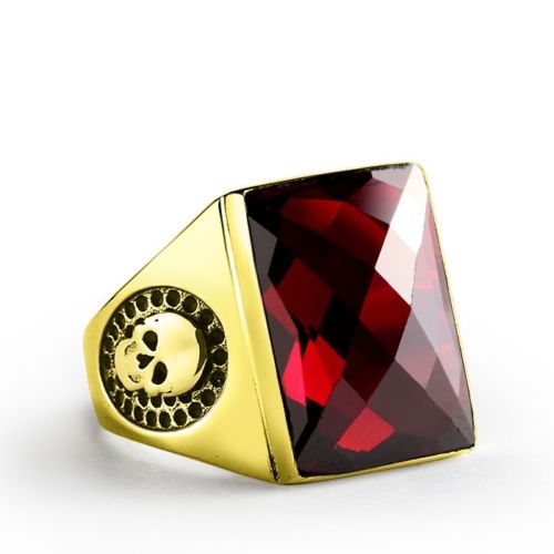 Skulls Men's Ring in 14K SOLID YELLOW GOLD Red Garnet Ring Jewelry