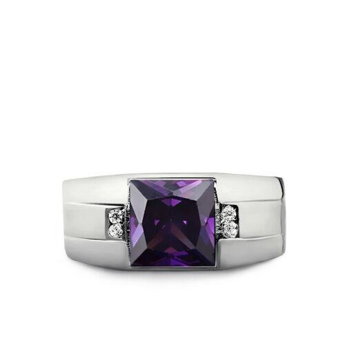 Real 18K White Gold Men's Ring 4 Natural Diamonds Accents and Purple Amethyst