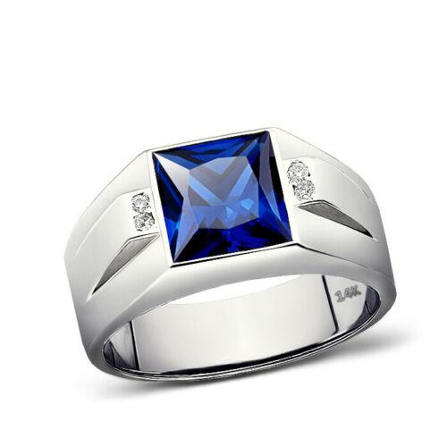 Solid 14K White Gold Sapphire Men's Ring 0.08ct Natural Diamonds Ring for Man