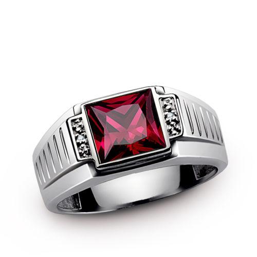 Real 14K Solid  White Gold Mens Ring with Red Rub and Diamond Accents