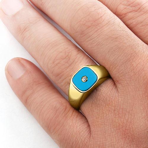 Classic Men's Ring with Earth Mined DIAMOND and Real TURQUOISE in SOLID 14K GOLD