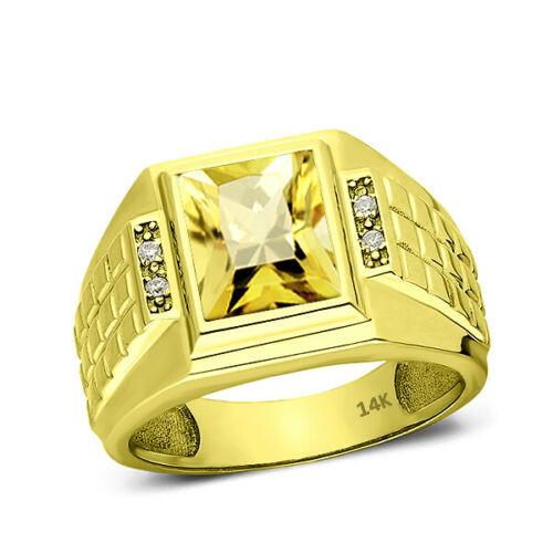 Men's Band Ring Comfort Fit Yellow Citrine and 4 Diamonds 14K  Solid Gold