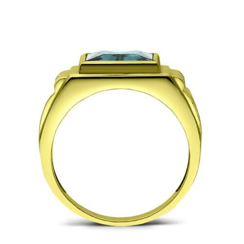 Men's Solid 18K Gold Blue Topaz Gemstone Ring 2 Natural Diamond Accents