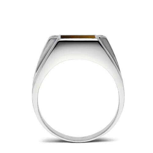 Solid 14K White Gold Tiger's Eye Mens Ring 0.08ct Natural Diamonds Ring for Men