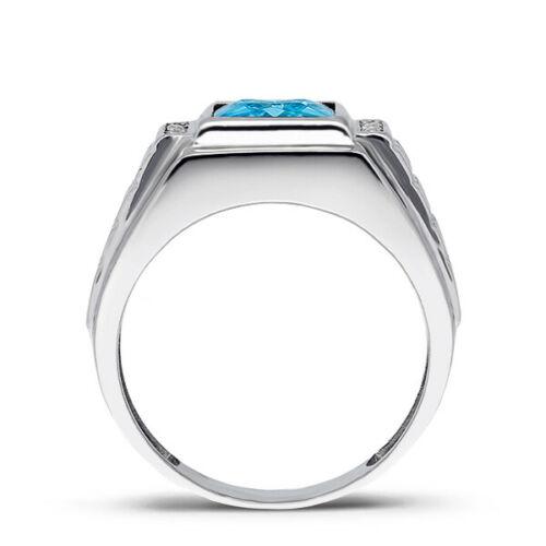 Men's Solid 14K Real White Gold Aquamarine Ring 4 Natural Diamonds Ring