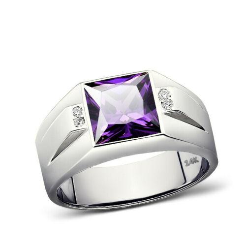 14K White Gold Mens Ring 4 Natural Diamonds Accents and Purple Amethyst