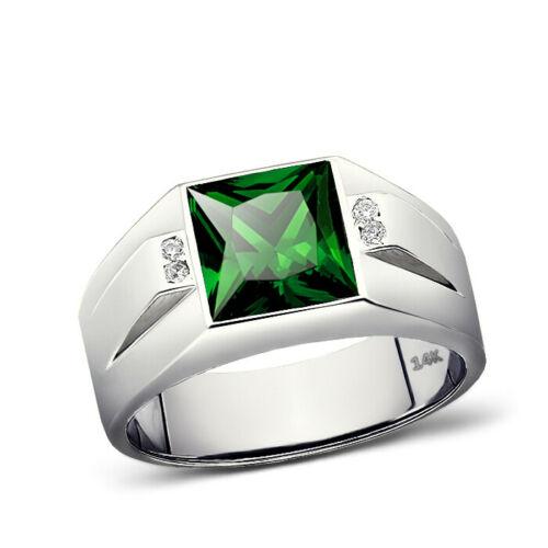 14K White Gold Emerald Men's Ring 0.08ct Natural Diamonds Ring for Man 