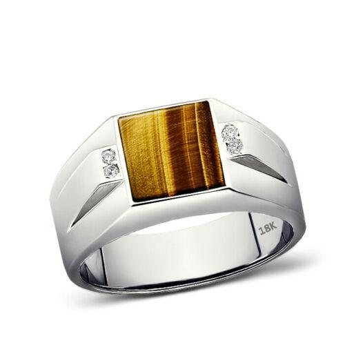 Solid 18K White Gold Tiger's Eye Men's Ring 0.08ct Natural Diamonds Ring for Men