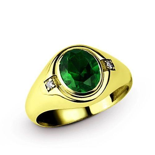 Men's Green EMERALD Ring with 2 DIAMONDS 14k Gold Plated on Solid Silver