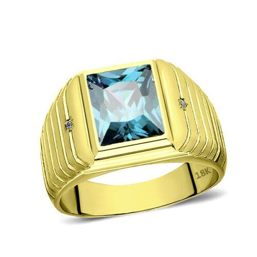 Men's Solid 18K Gold Blue Topaz Gemstone Ring 2 Natural Diamond Accents